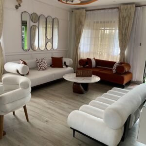 5 seater sofa set paired with a marbe coffee table and bench