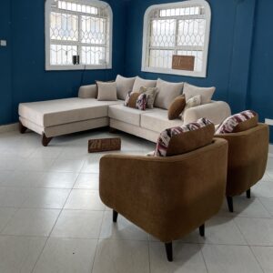 5 seater l seat paired with brown accent chairs